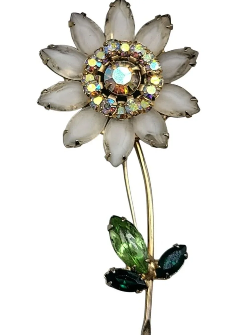 Juliana Daisey Flower Brooch Vintage D & E White Green AB Rhinestones Gold Tone